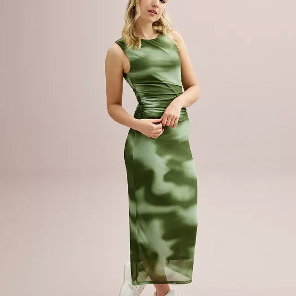 Ruched Side Green Mesh Maxi Dress - XL